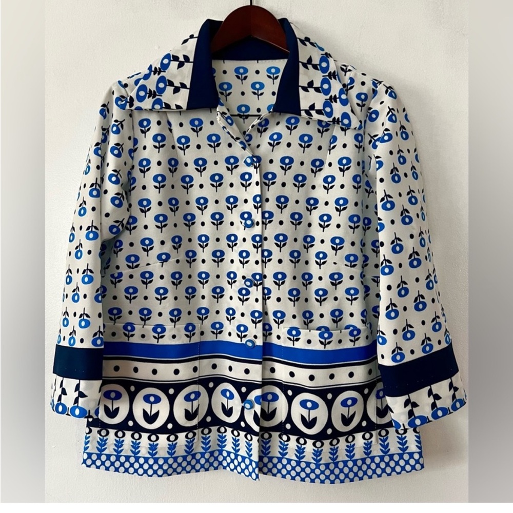 1970s True Vintage Mod Print Tulip Color Block Blazer/Blouse-EUC -Sz M 💙 🖤 - Picture 16 of 16